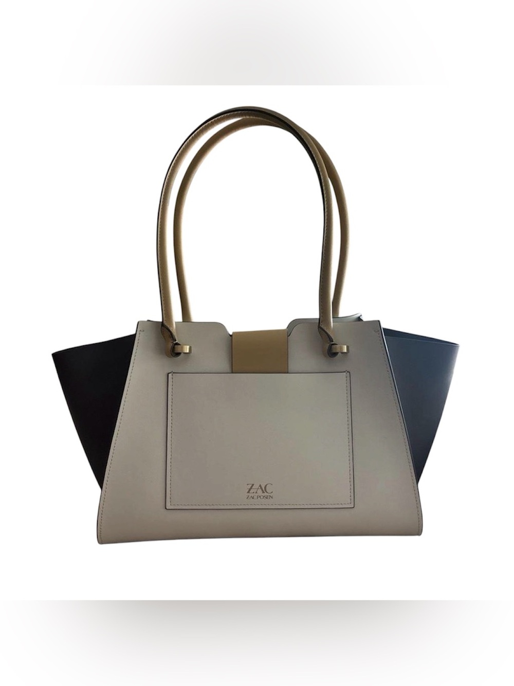 Luxury Calfskin Zac Posen Beige, Gray-ish/Black & Gold Tote/ Purse